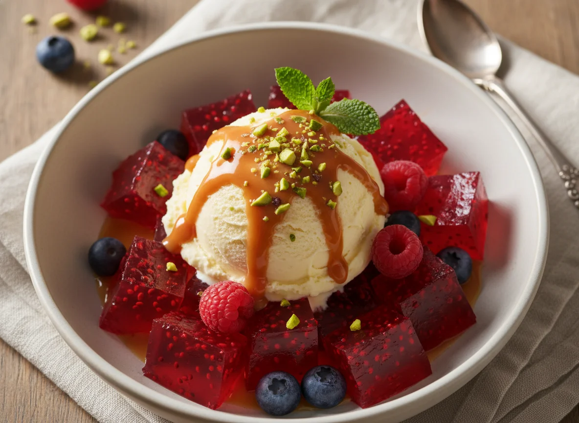 Sorvete de creme com calda e gelatina photo