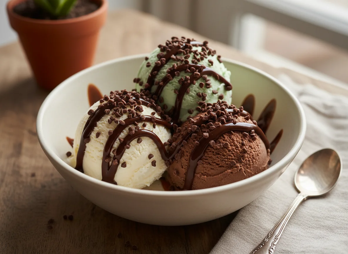 Sorvete misto com calda e granulado photo