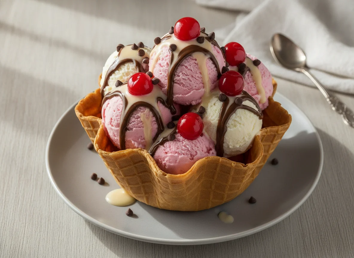 Sorvete na Cesta de Waffle com Coberturas photo