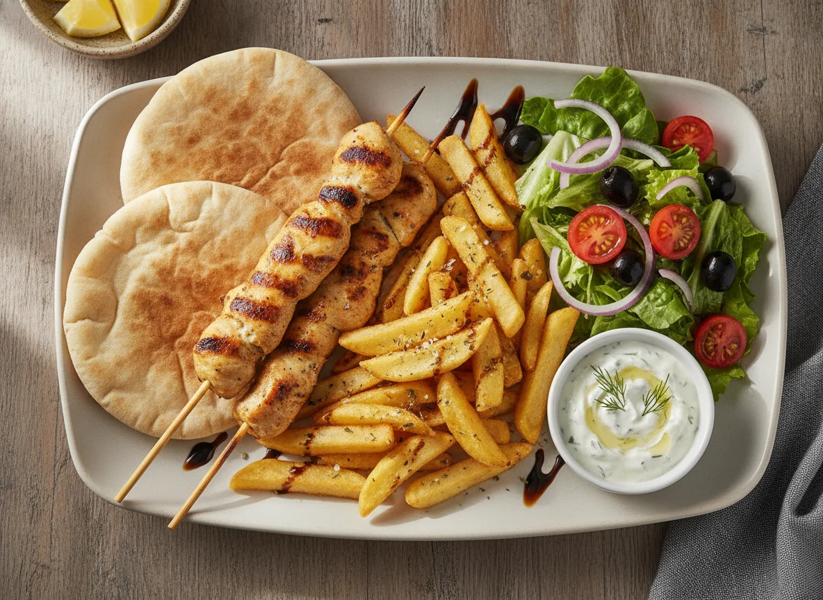 Souvlaki de Frango com Batatas Fritas, Pão Pita e Salada photo