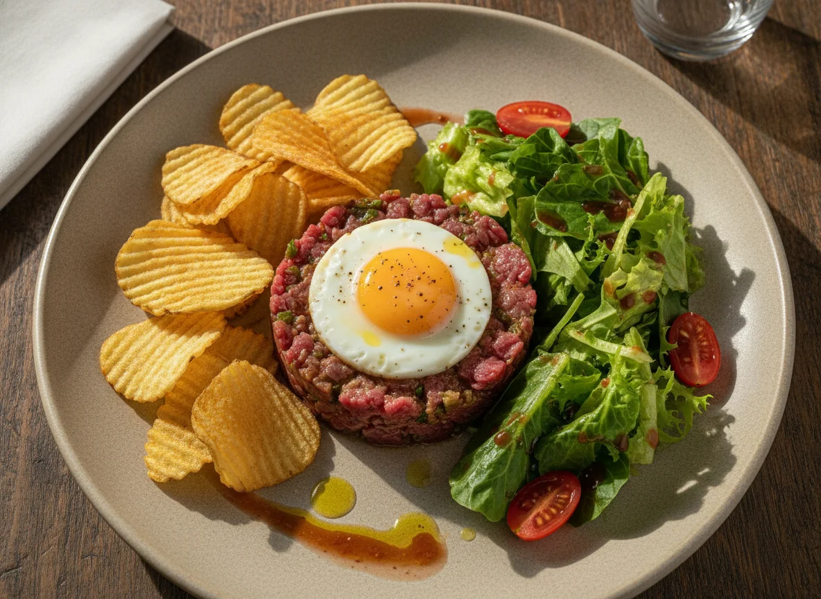 Steak Tartare com Batatas Chips e Salada photo