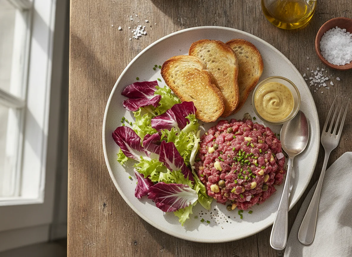 Steak Tartare com Salada e Torrada photo