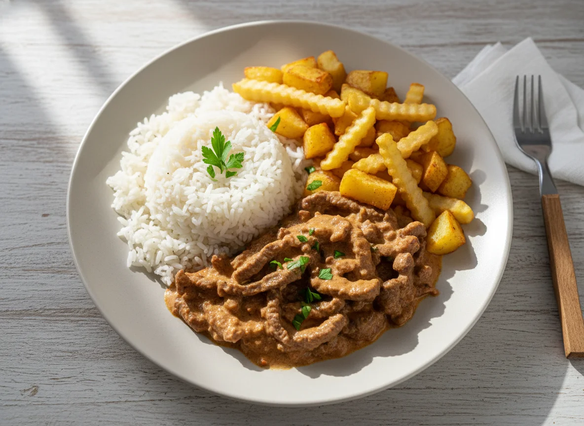 Strogonoff com arroz e batatas photo