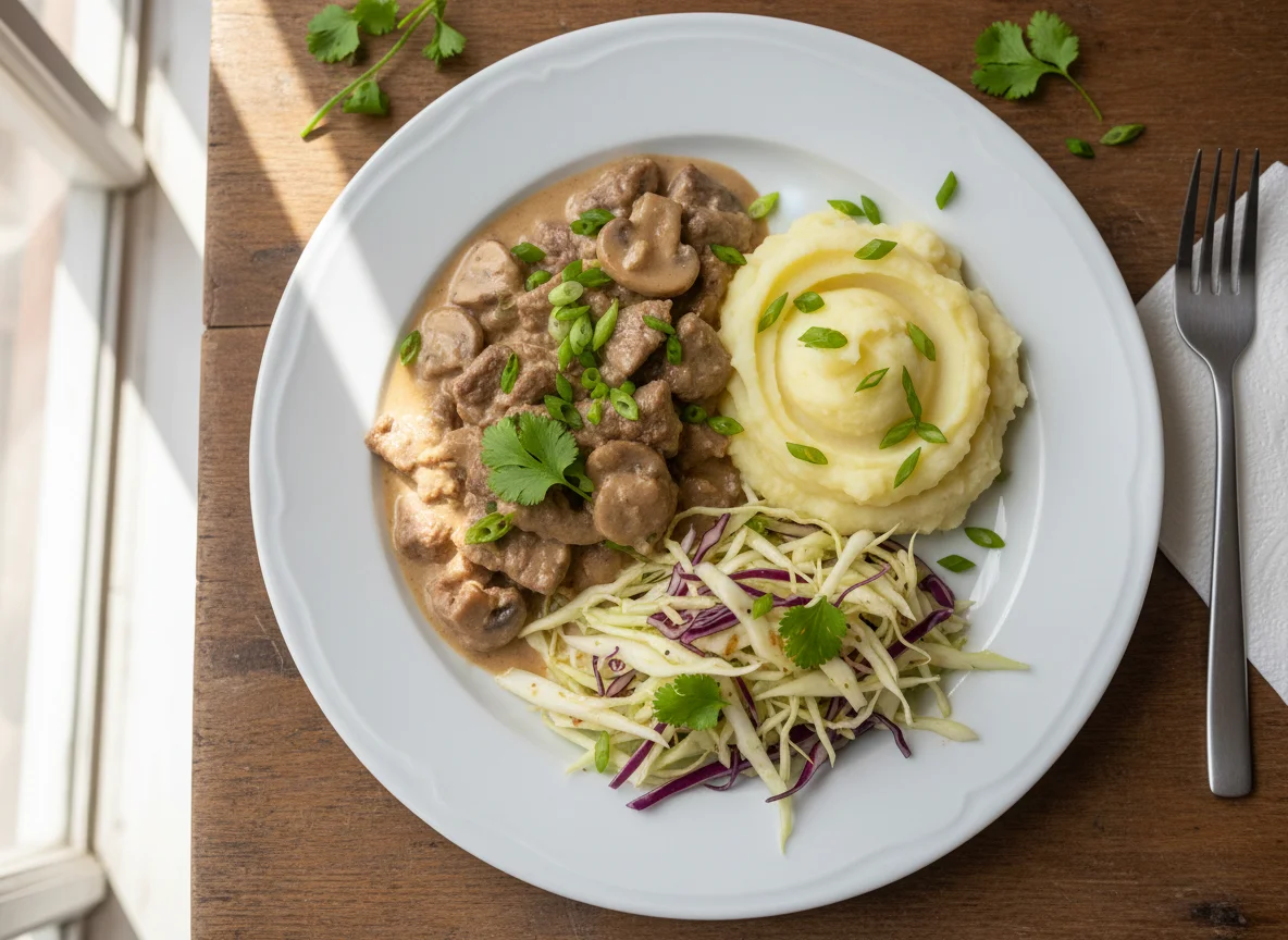 Strogonoff com purê de batata e salada de repolho photo