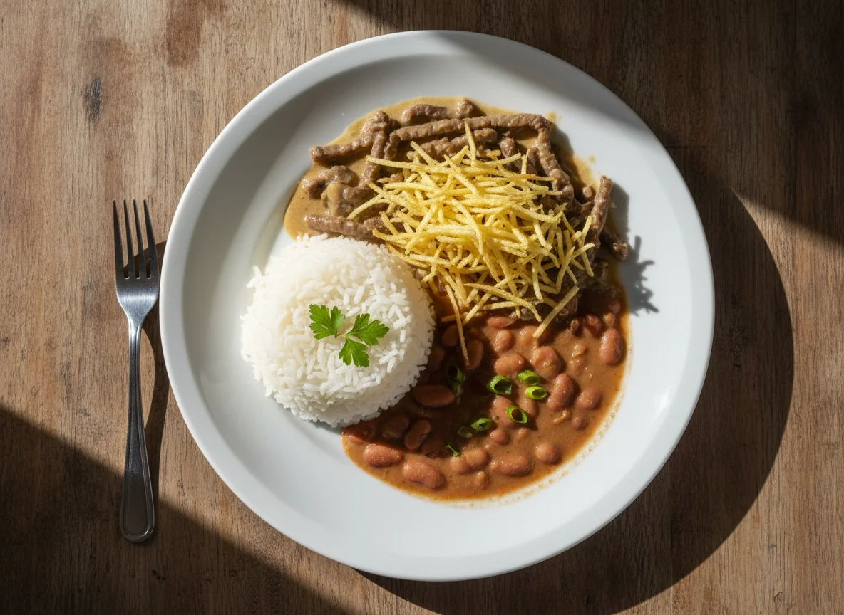 Strogonoff de Alcatra com Arroz e Feijão photo