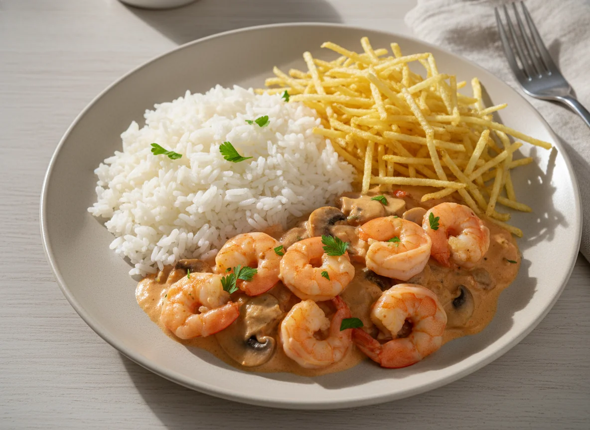 Strogonoff de camarão com arroz e batata palha photo