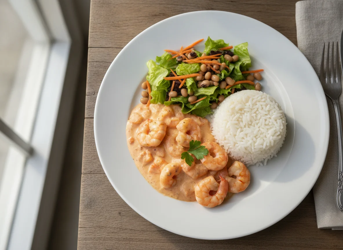 Strogonoff de camarão com arroz e salada de feijão fradinho photo