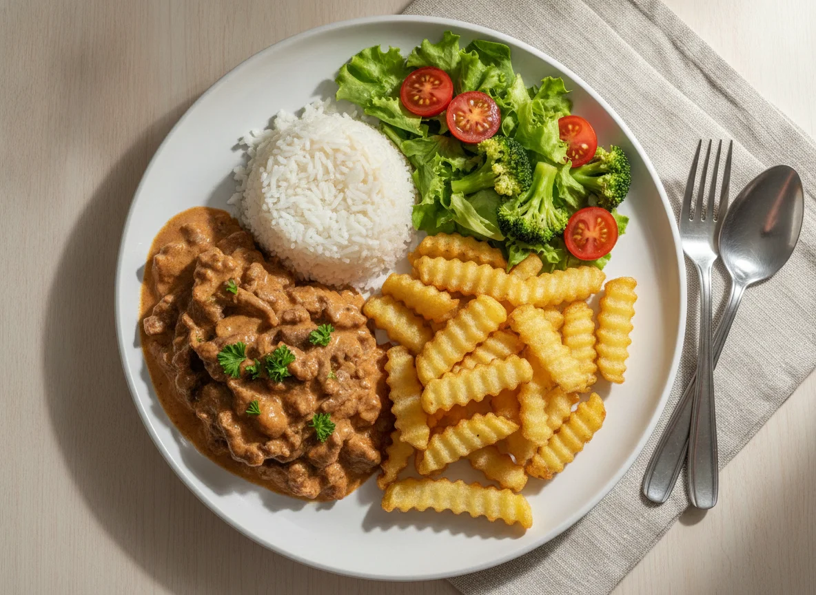 Strogonoff de carne com arroz, batata airfryer e salada photo