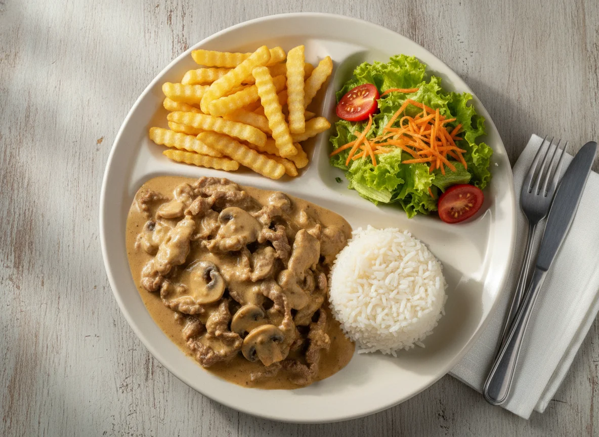Strogonoff de Carne com Arroz, Batata Frita e Salada photo