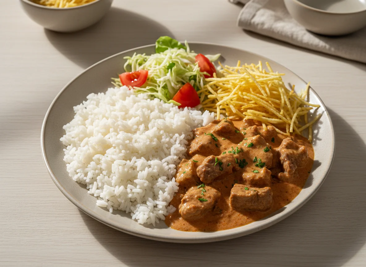 Strogonoff de carne com arroz, batata palha e salada photo