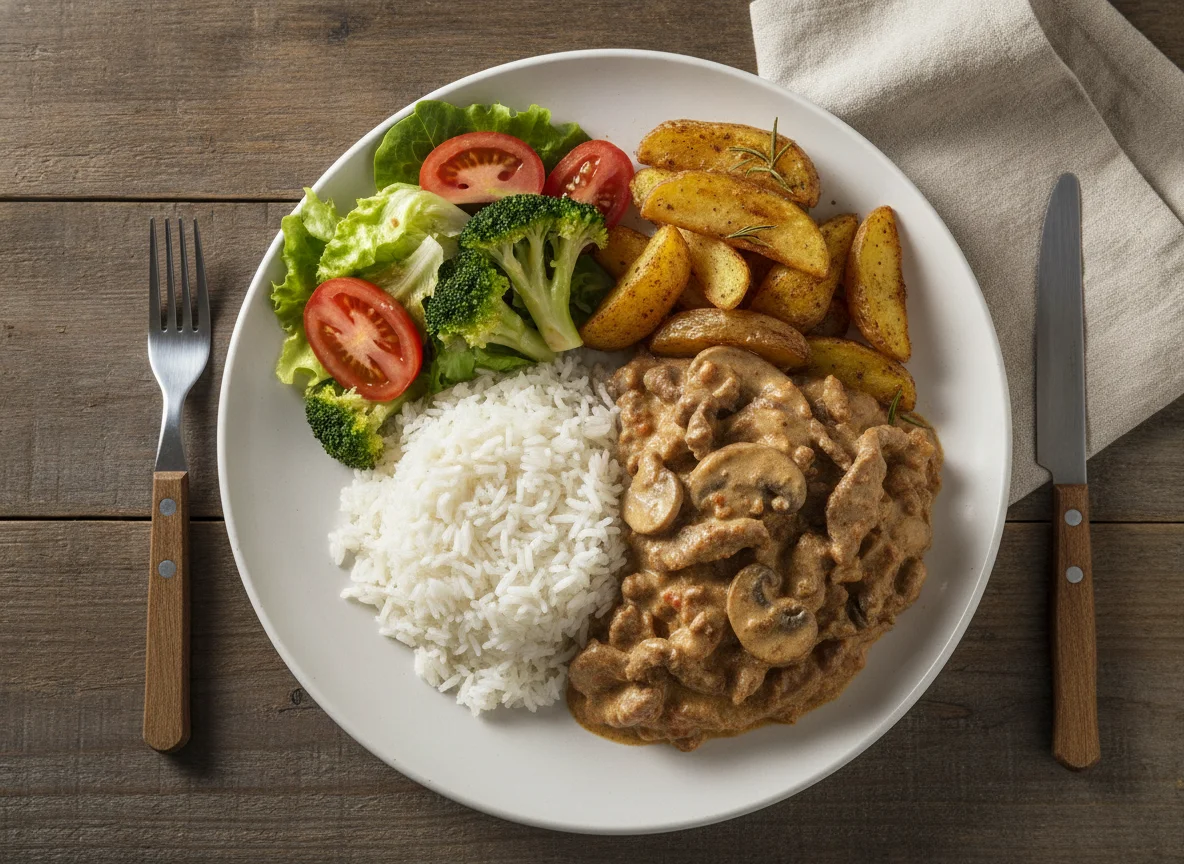 Strogonoff de carne com arroz, batatas assadas, brócolis e salada photo