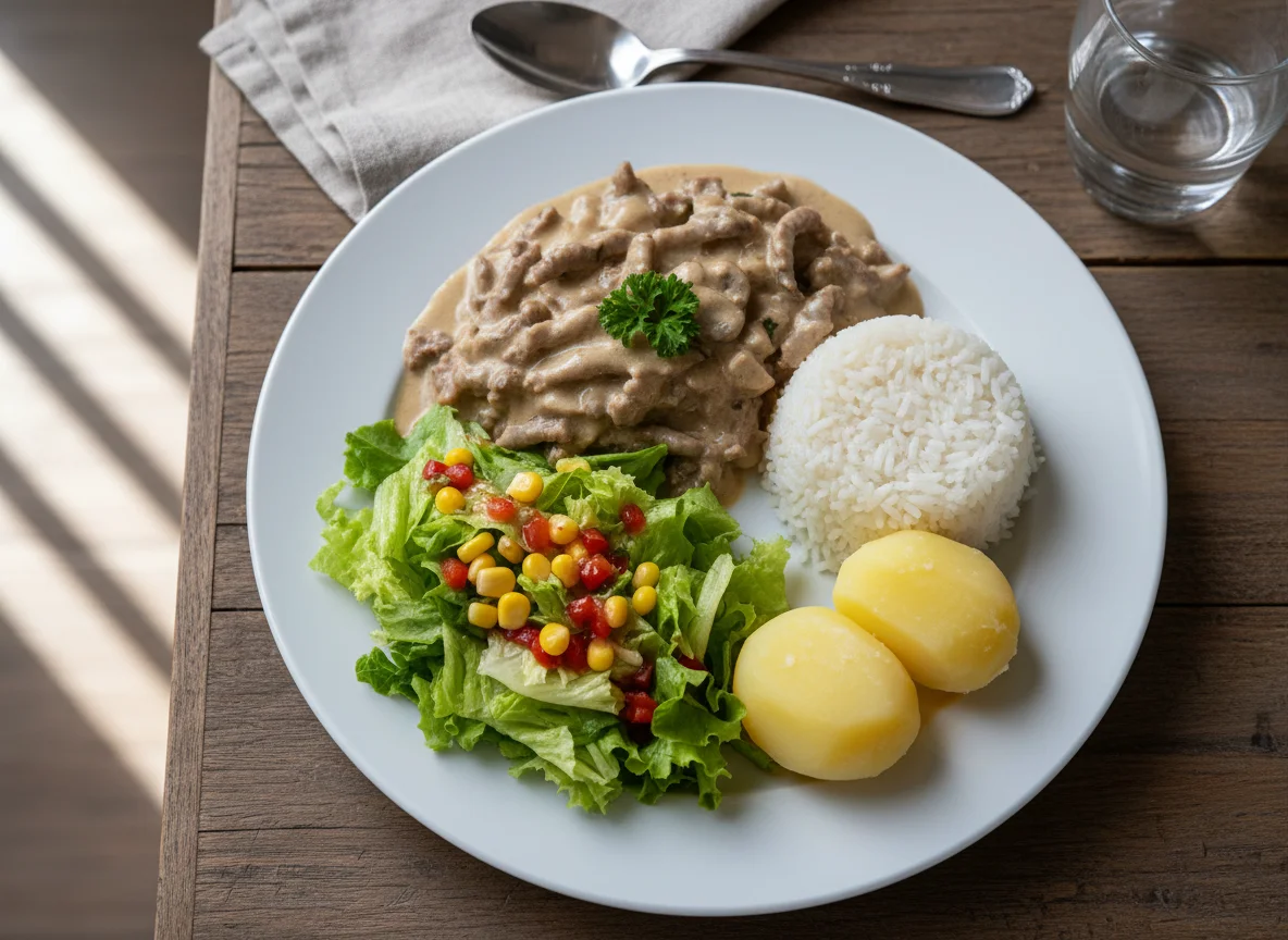 Strogonoff de carne com arroz, batatas cozidas e salada photo