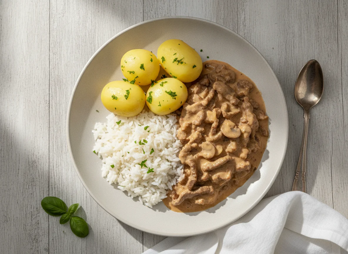 Strogonoff de carne com arroz e batata cozida photo