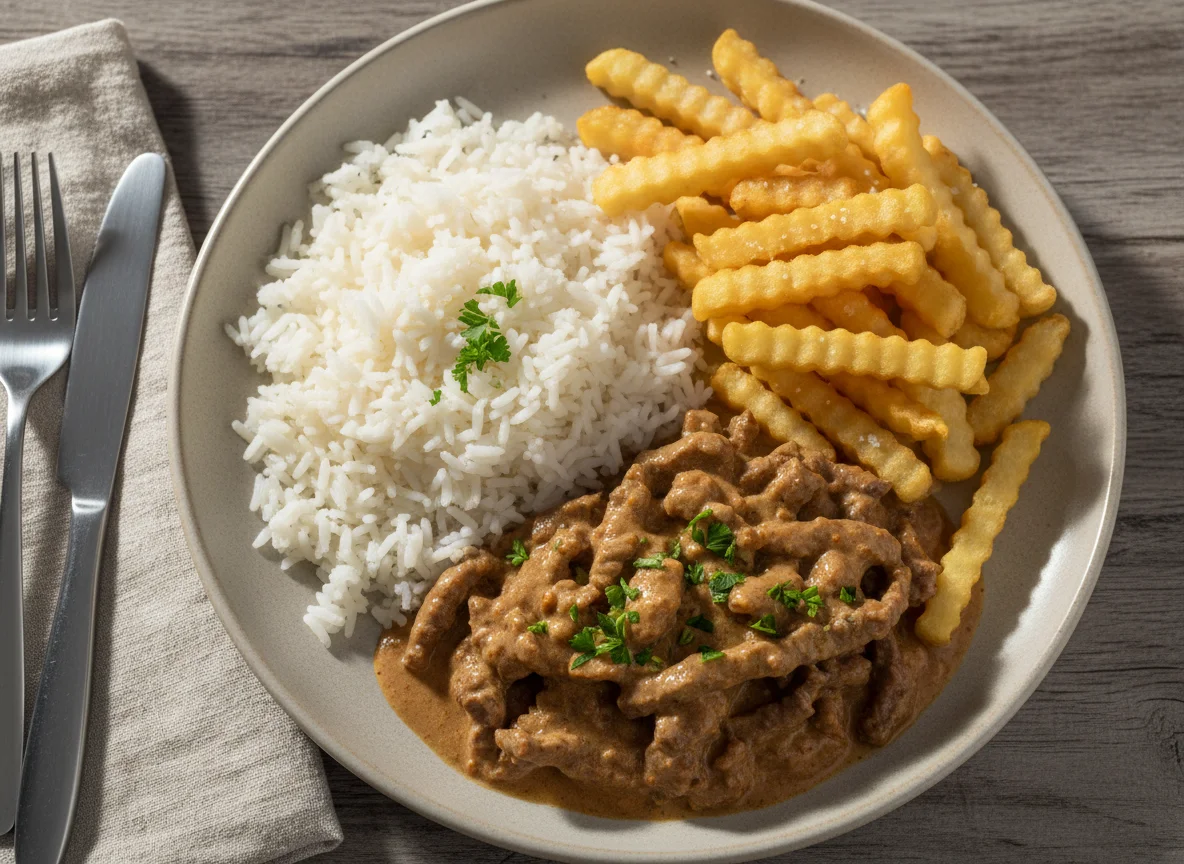 Strogonoff de carne com arroz e batata frita photo
