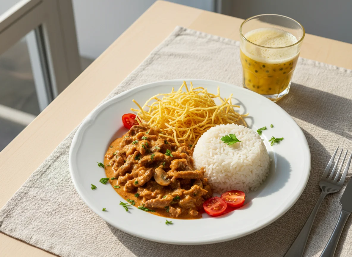 Strogonoff de Carne com Arroz e Batata Palha photo