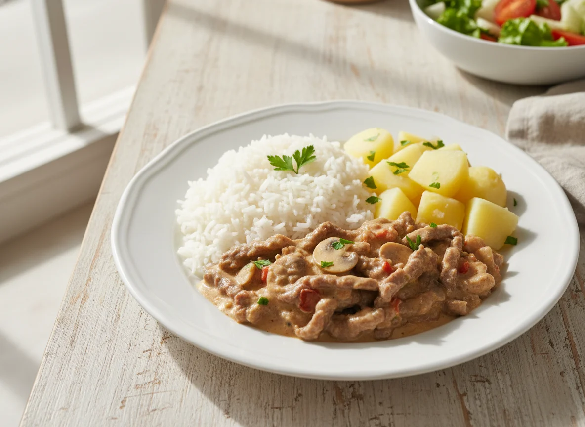 Strogonoff de carne com arroz e batatas cozidas photo