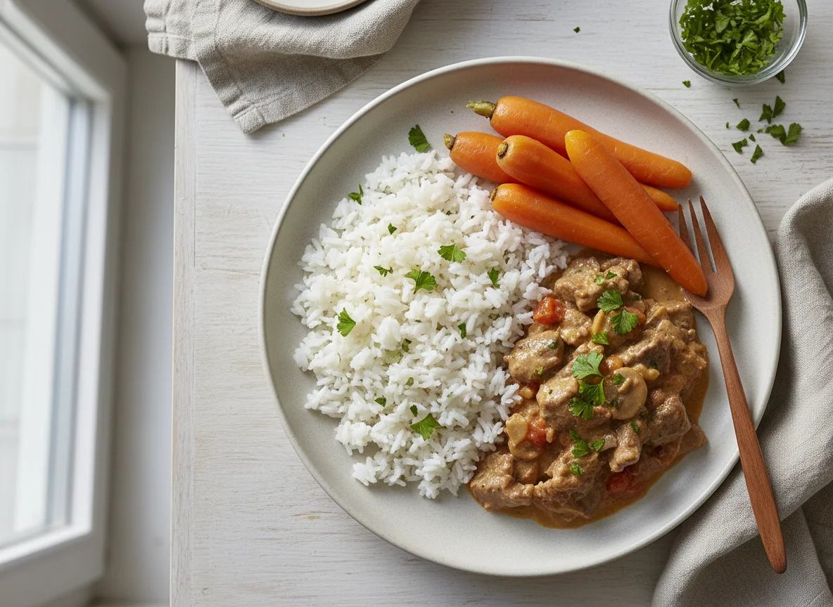 Strogonoff de carne com arroz e cenoura photo