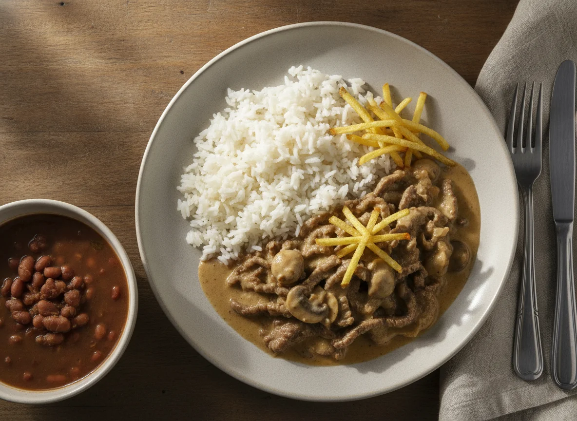 Strogonoff de carne com arroz e feijão photo