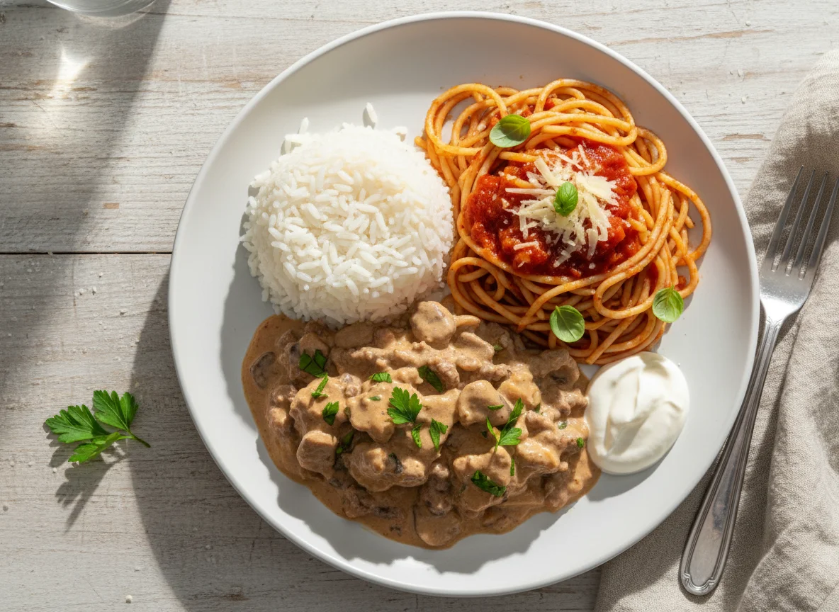 Strogonoff de carne com arroz e macarrão photo