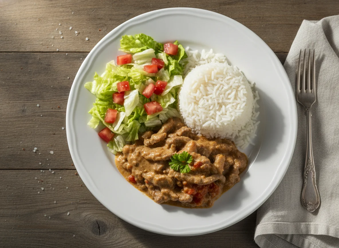Strogonoff de carne com arroz e salada photo