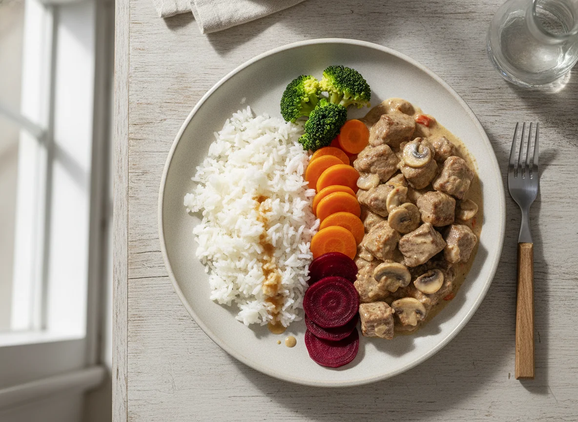 Strogonoff de Carne com Arroz e Vegetais photo