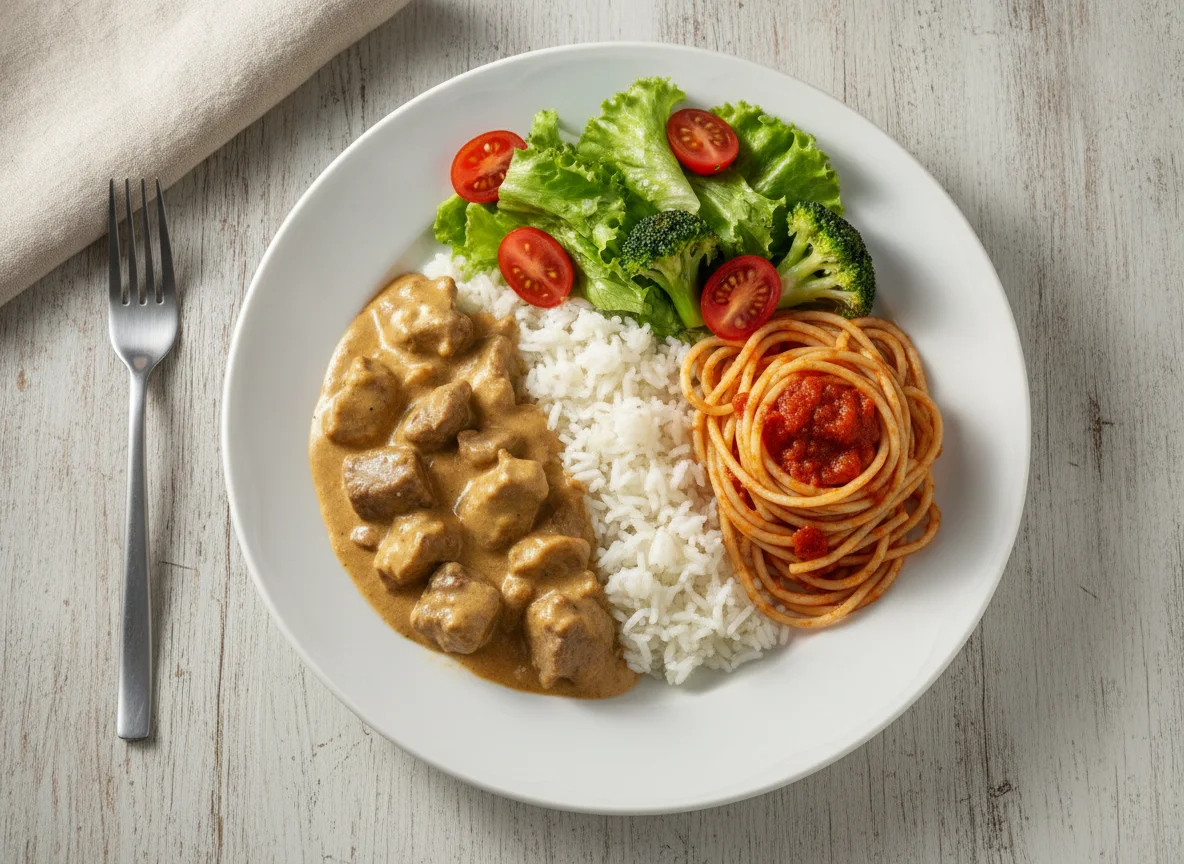 Strogonoff de carne com arroz, espaguete e salada photo
