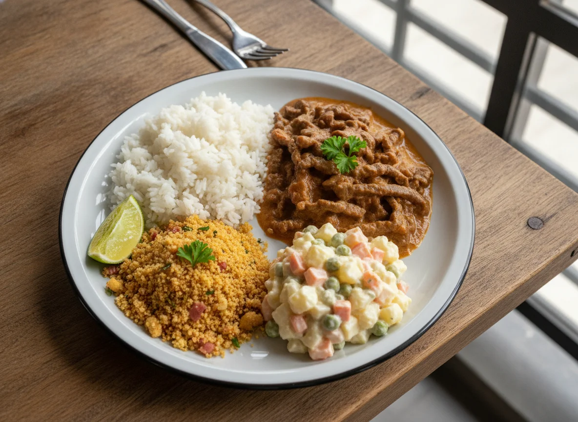 Strogonoff de Carne com Arroz, Farofa e Salada de Maionese photo