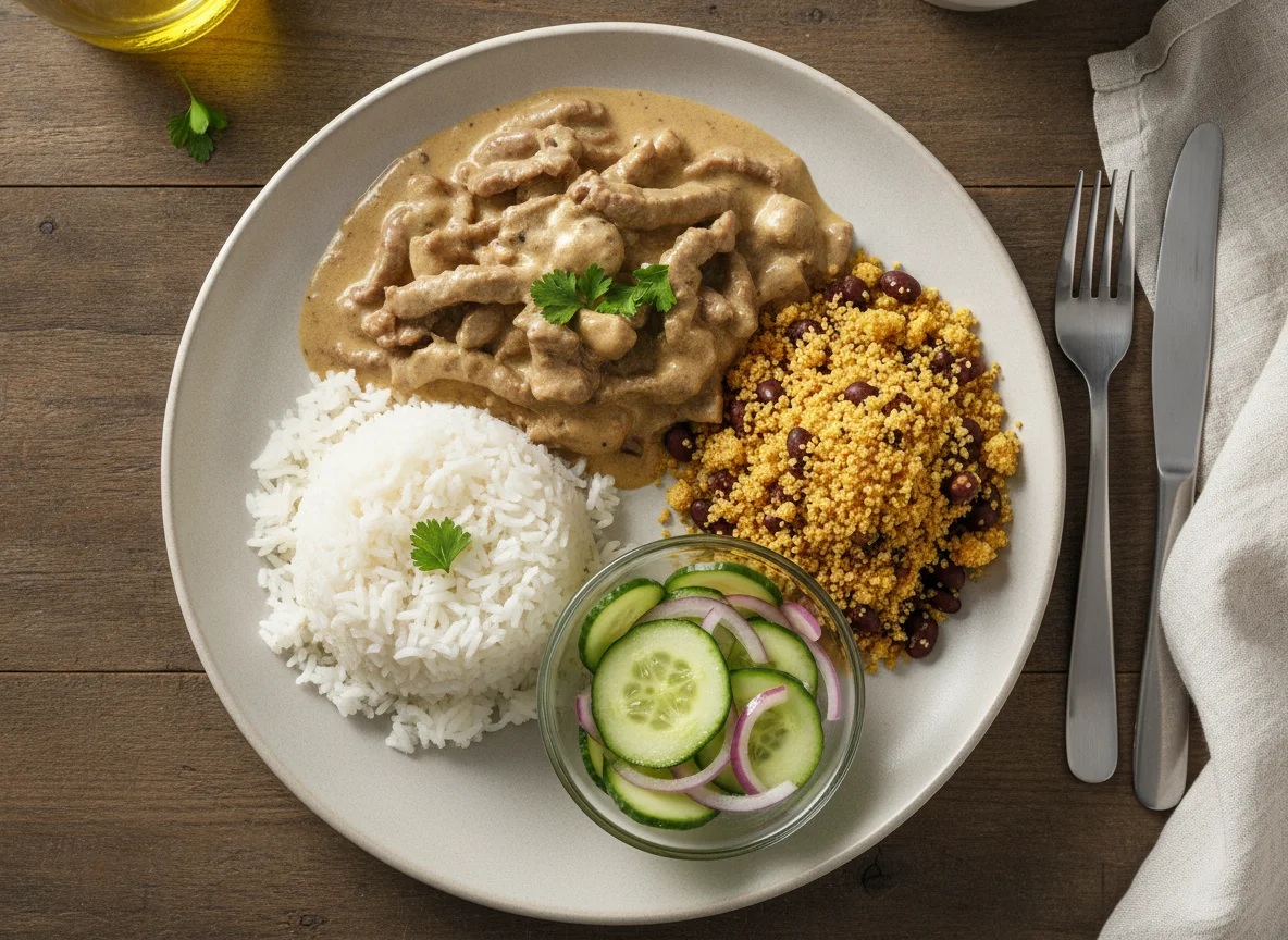 Strogonoff de carne com arroz, farofa e salada de pepino photo