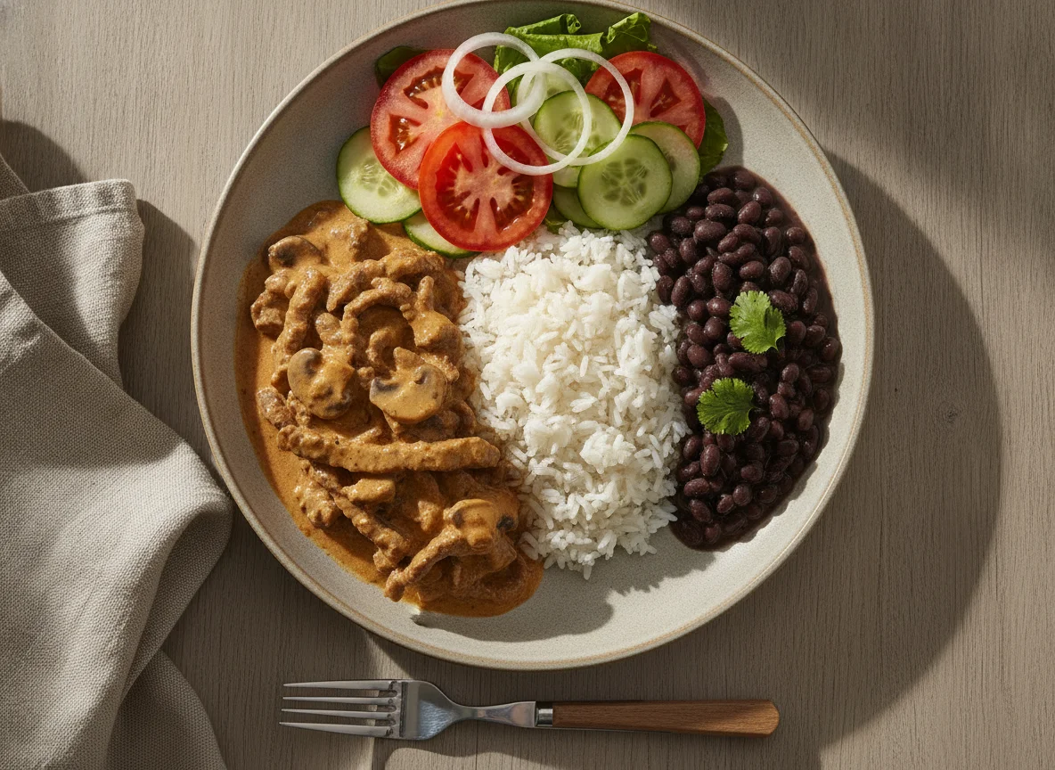 Strogonoff de carne com arroz, feijão e salada photo