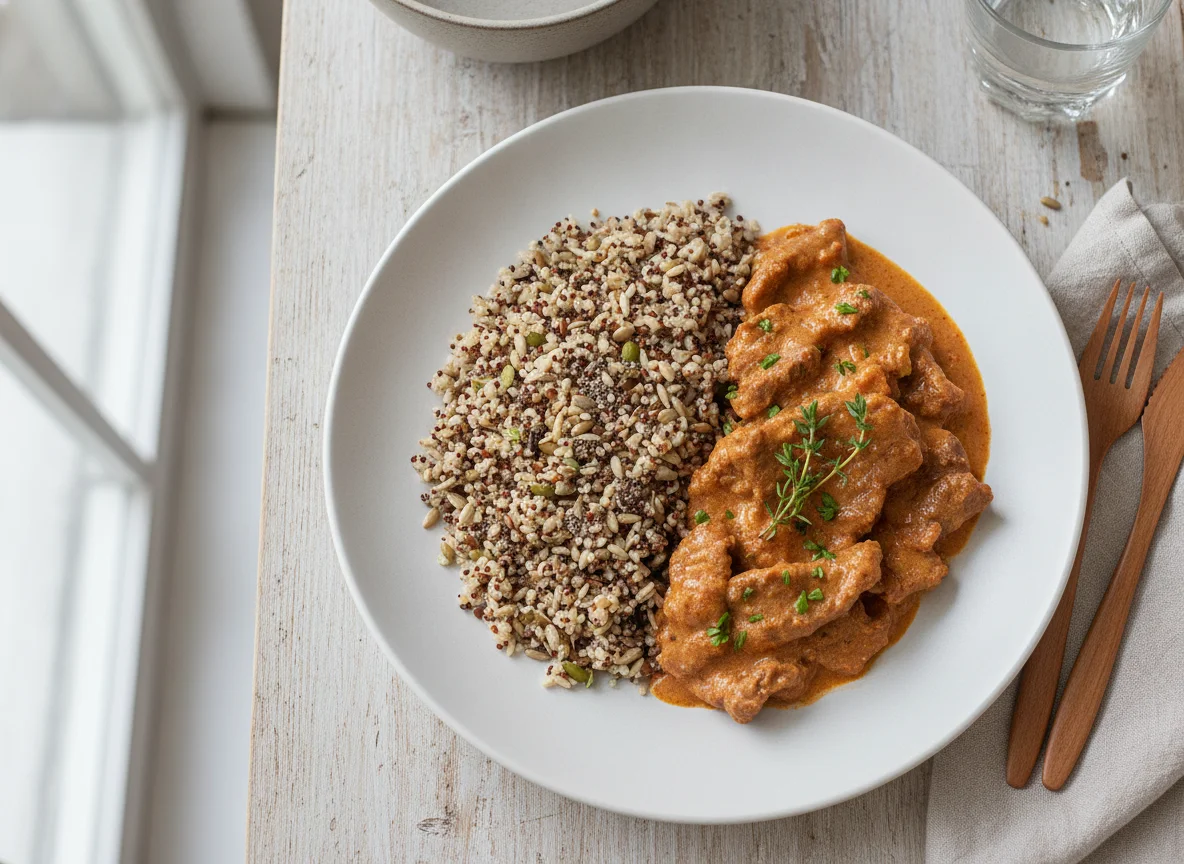 Strogonoff de carne com arroz integral e sete grãos photo