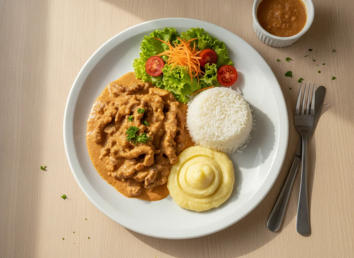 Strogonoff de Carne com Arroz, Purê e Salada photo
