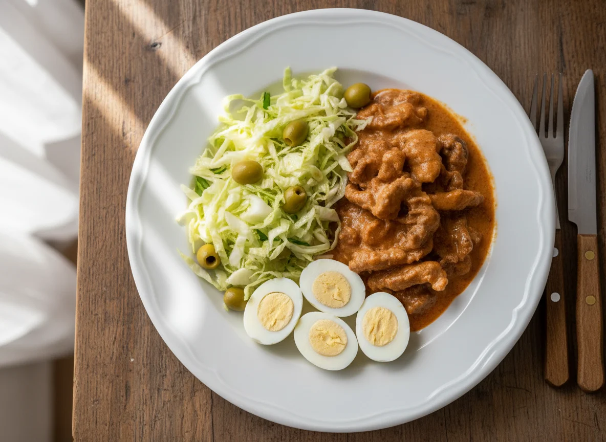 Strogonoff de carne com salada e ovos photo