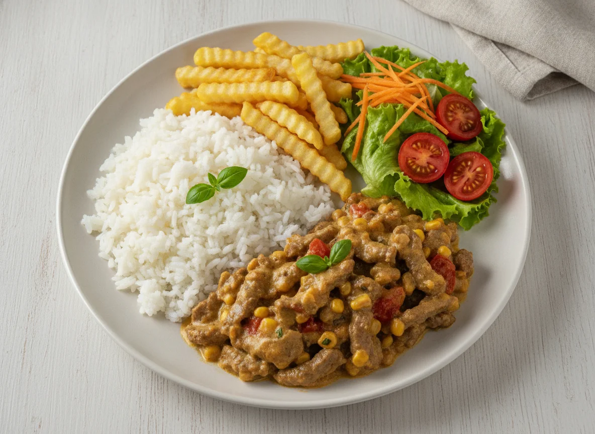Strogonoff de carne fit com arroz, batata frita e salada photo