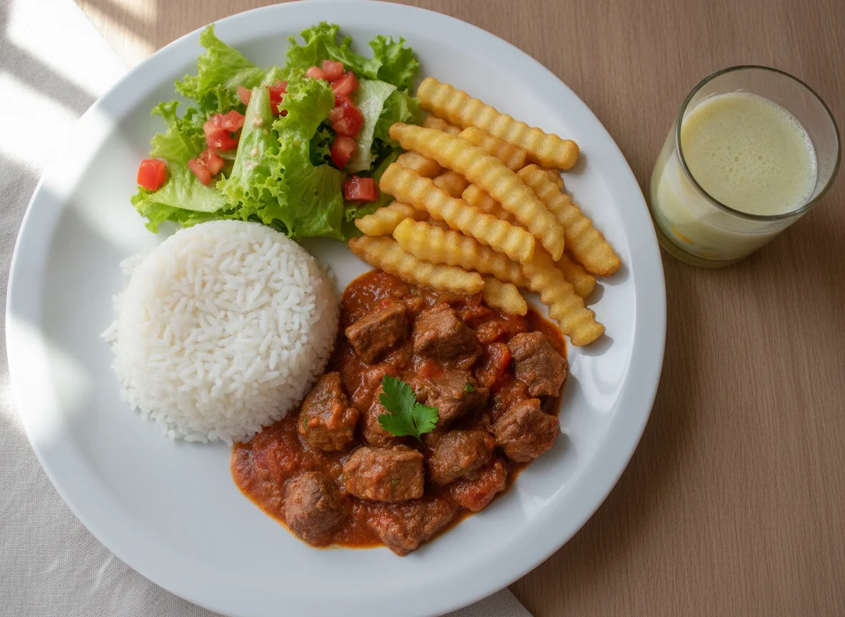 Strogonoff de carne magra com batata airfryer, arroz e salada photo