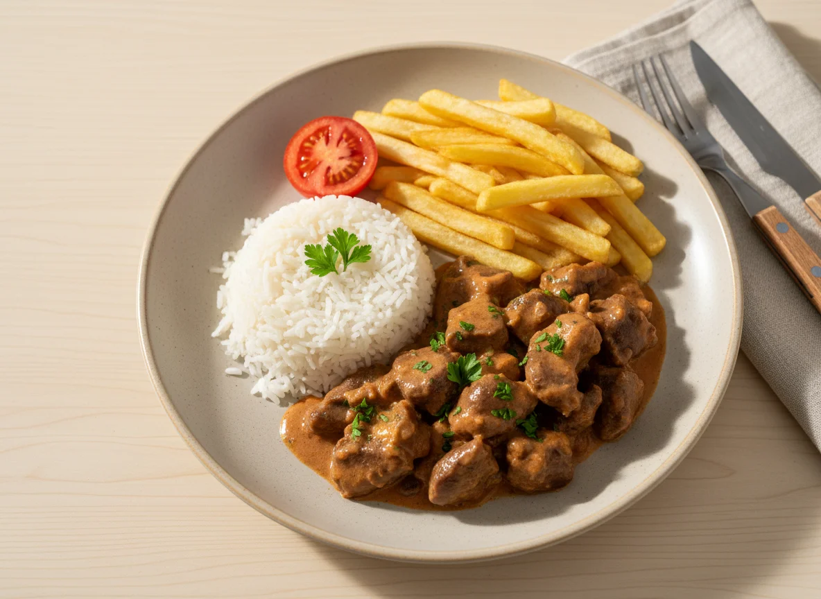 Strogonoff de coração com arroz tomate e batata frita no air cru photo