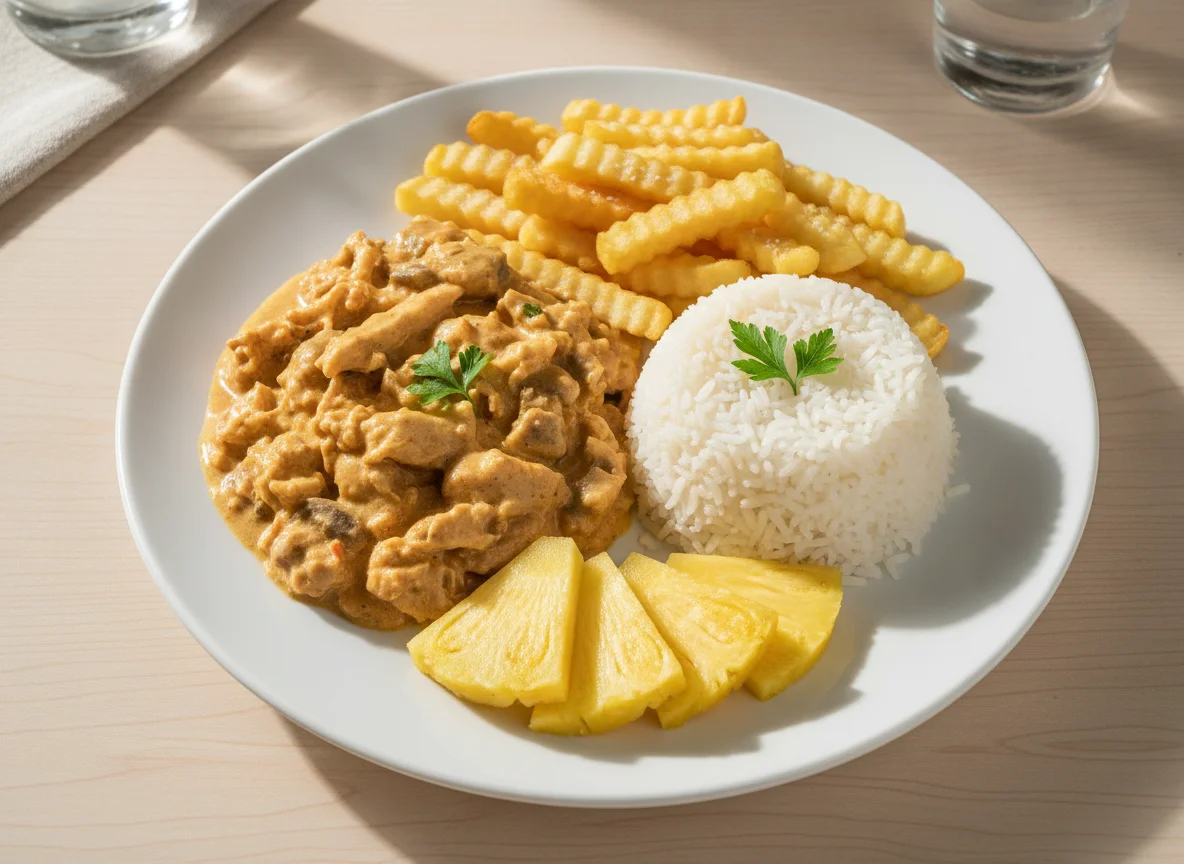 Strogonoff de Frango com Arroz, Batata Frita e Abacaxi photo