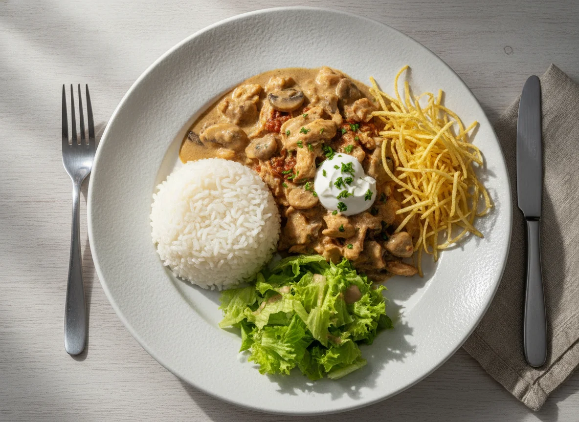 Strogonoff de Frango com Arroz, Batata Palha e Alface photo