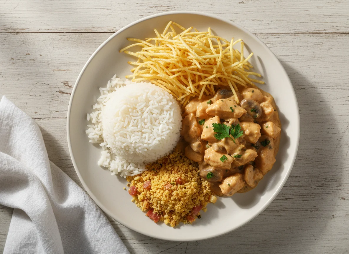 Strogonoff de frango com arroz, batata palha e farofa photo