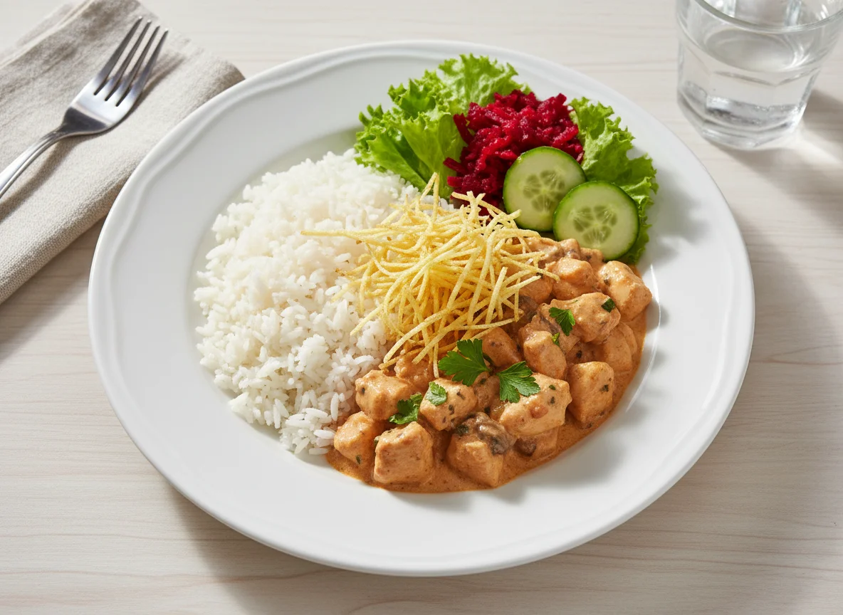 Strogonoff de frango com arroz, batata palha e salada photo