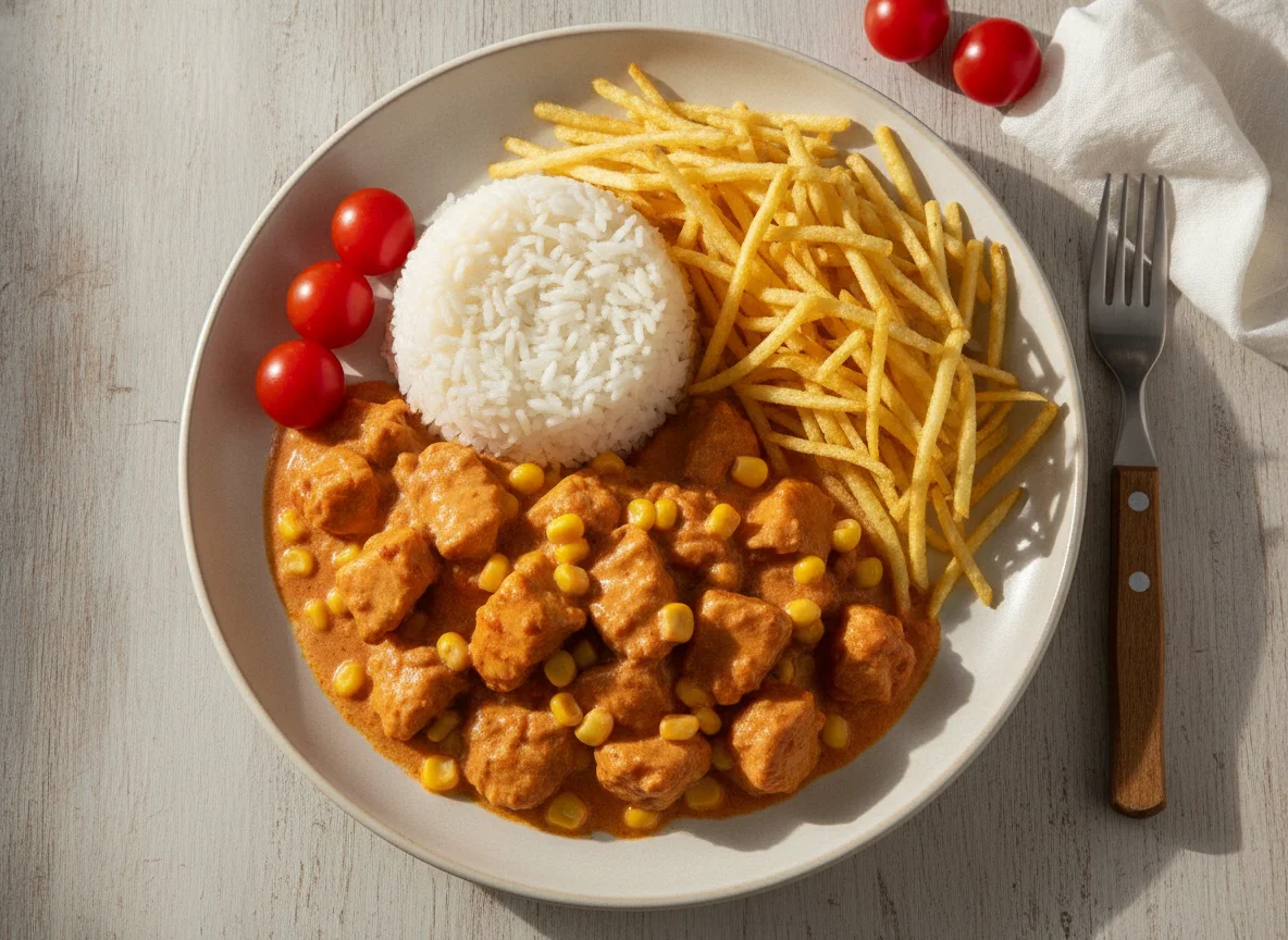 Strogonoff de Frango com Arroz, Batata Palha e Tomate Cereja photo