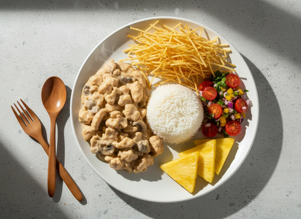 Strogonoff de frango com arroz, batata palha, salada e abacaxi photo