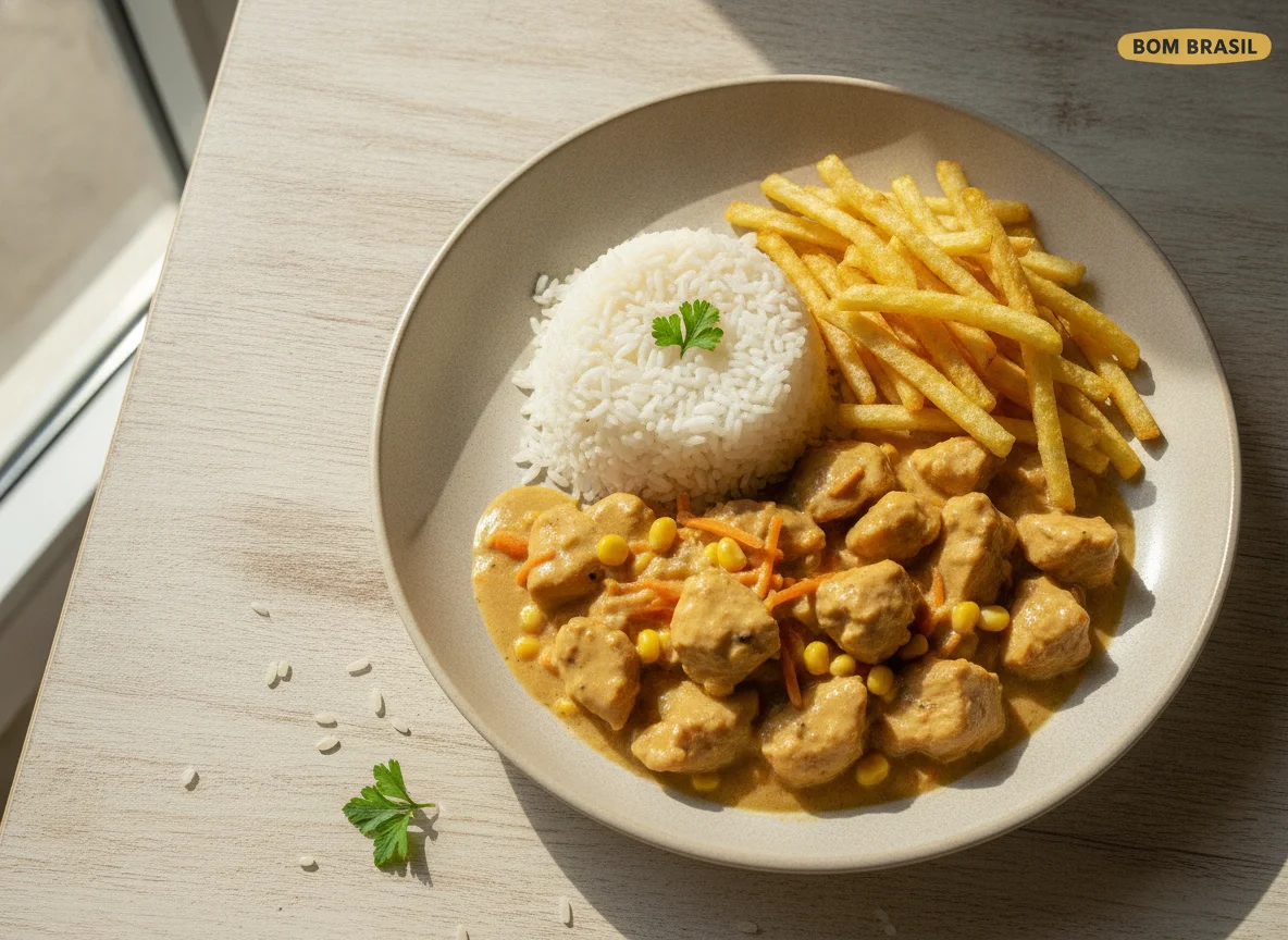 Strogonoff de frango com arroz de konjac e batata frita photo