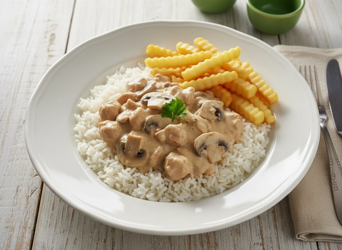 Strogonoff de frango com arroz e batata frita photo