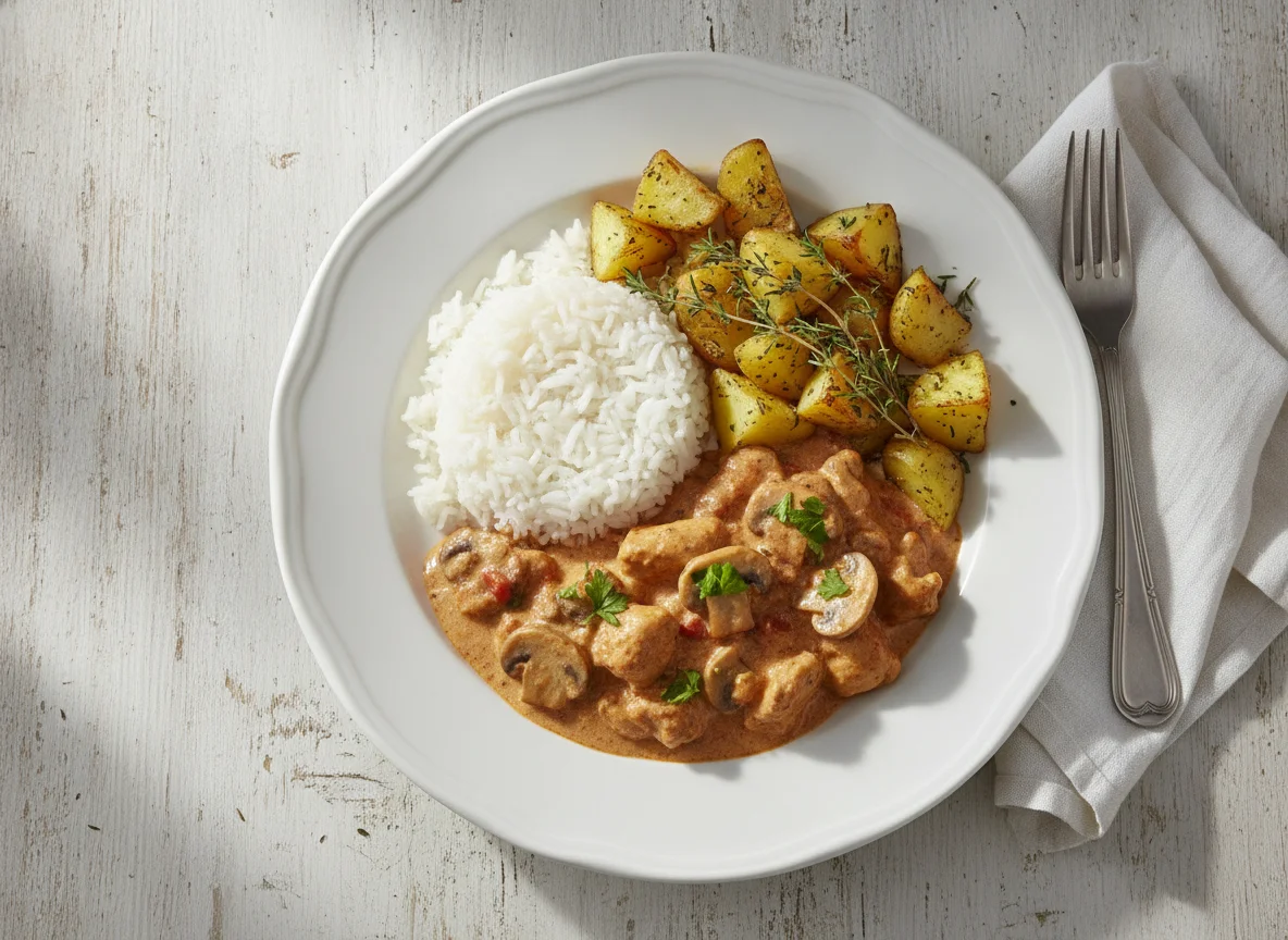 Strogonoff de frango com arroz e batatas assadas photo