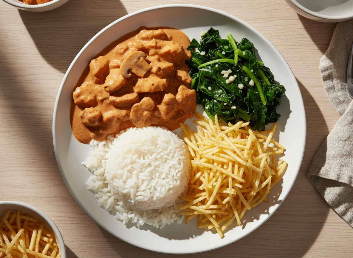 Strogonoff de frango com arroz e couve refogada photo