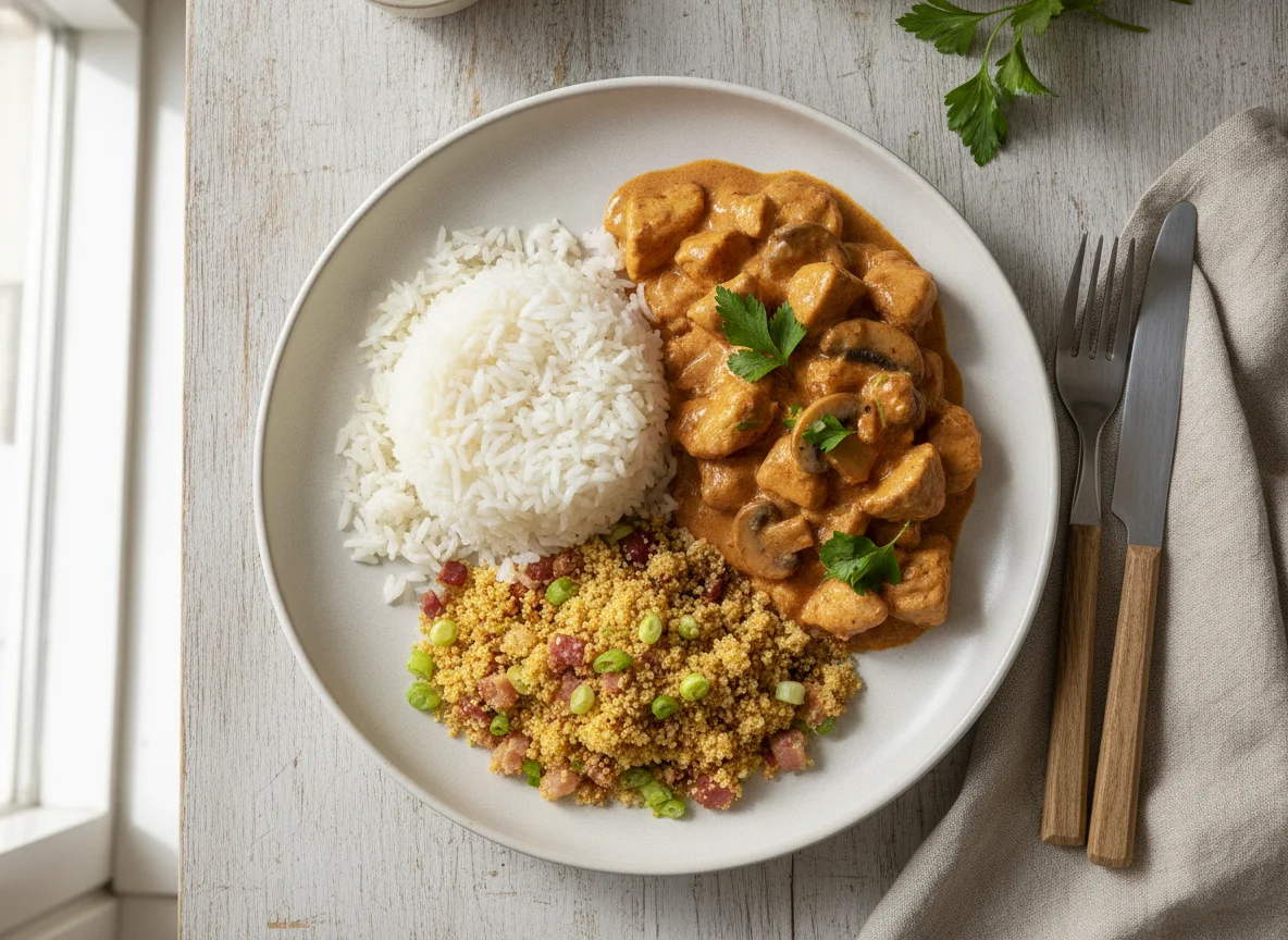 Strogonoff de frango com arroz e farofa photo