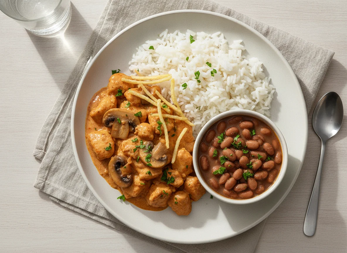Strogonoff de frango com arroz e feijão photo