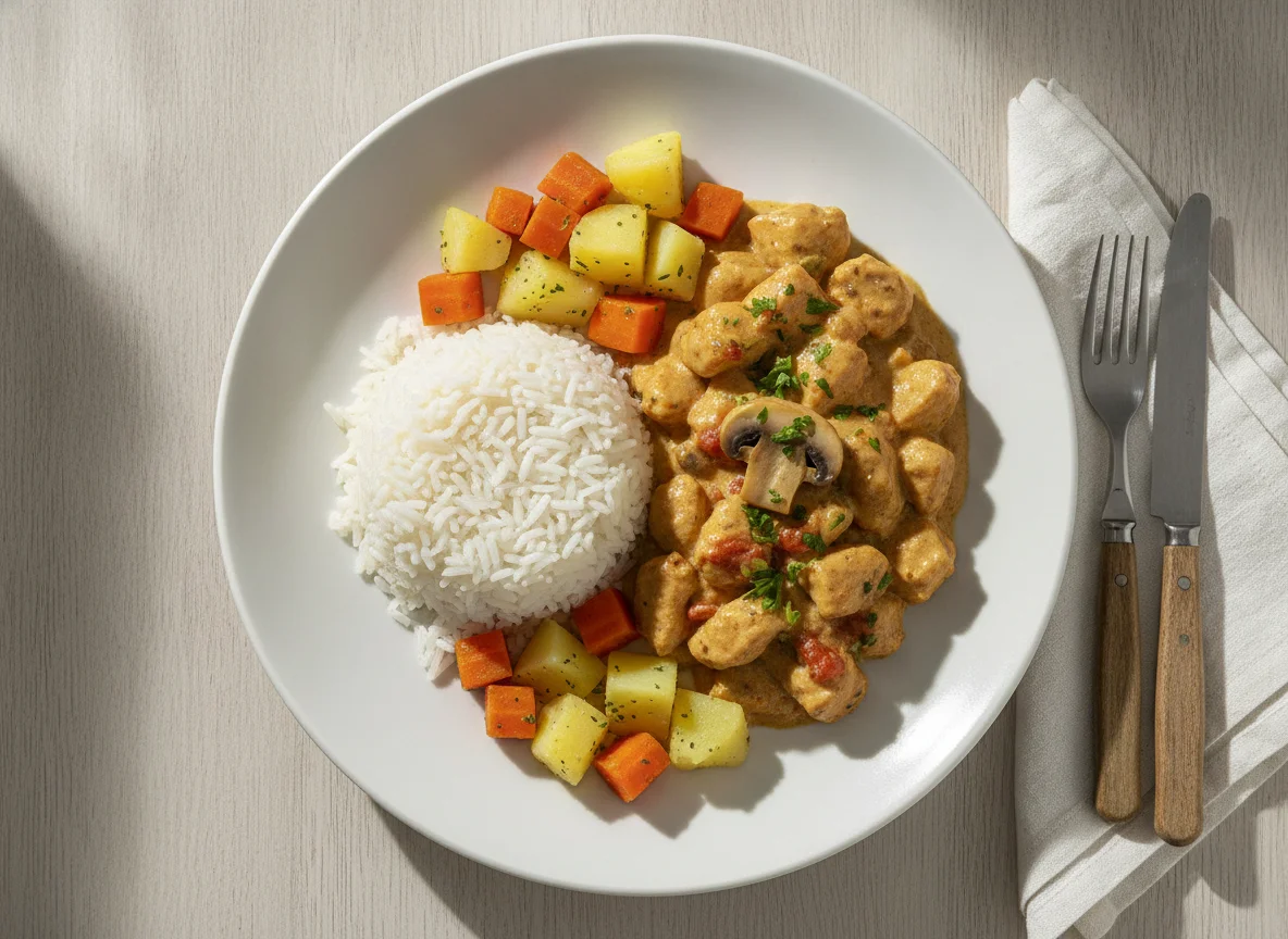 Strogonoff de frango com arroz e legumes photo