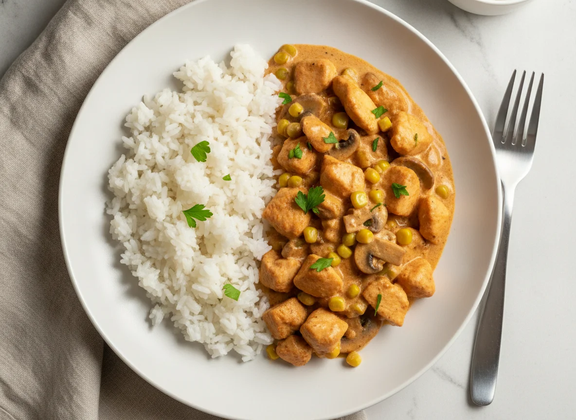 Strogonoff de frango com arroz e milho photo