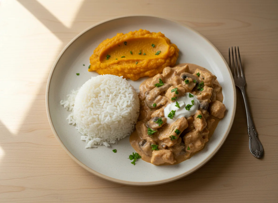 Strogonoff de frango com arroz e purê de abóbora photo